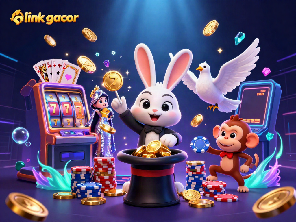 Watch the magician rabbit pull golden coins at the link gacor slot game, surrounded by vibrant casino elements.