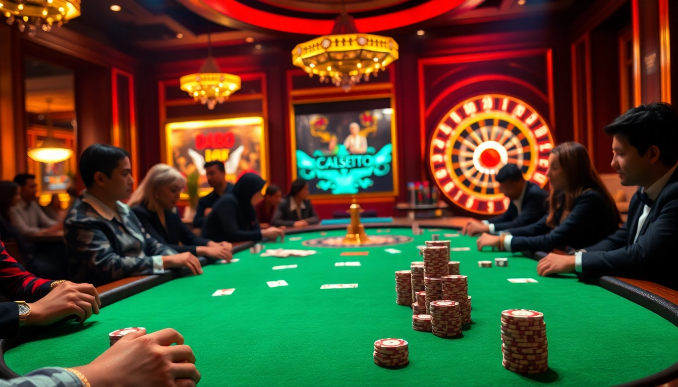 Play exciting poker at a glamorous casino featuring da88 bet action with vibrant chips and cards.