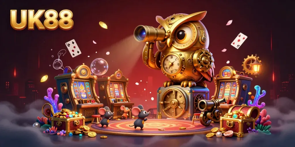 A golden owl symbolizing UK88 surveying an animated casino with vibrant elements like slot machines, treasure chests, and lively patrons.