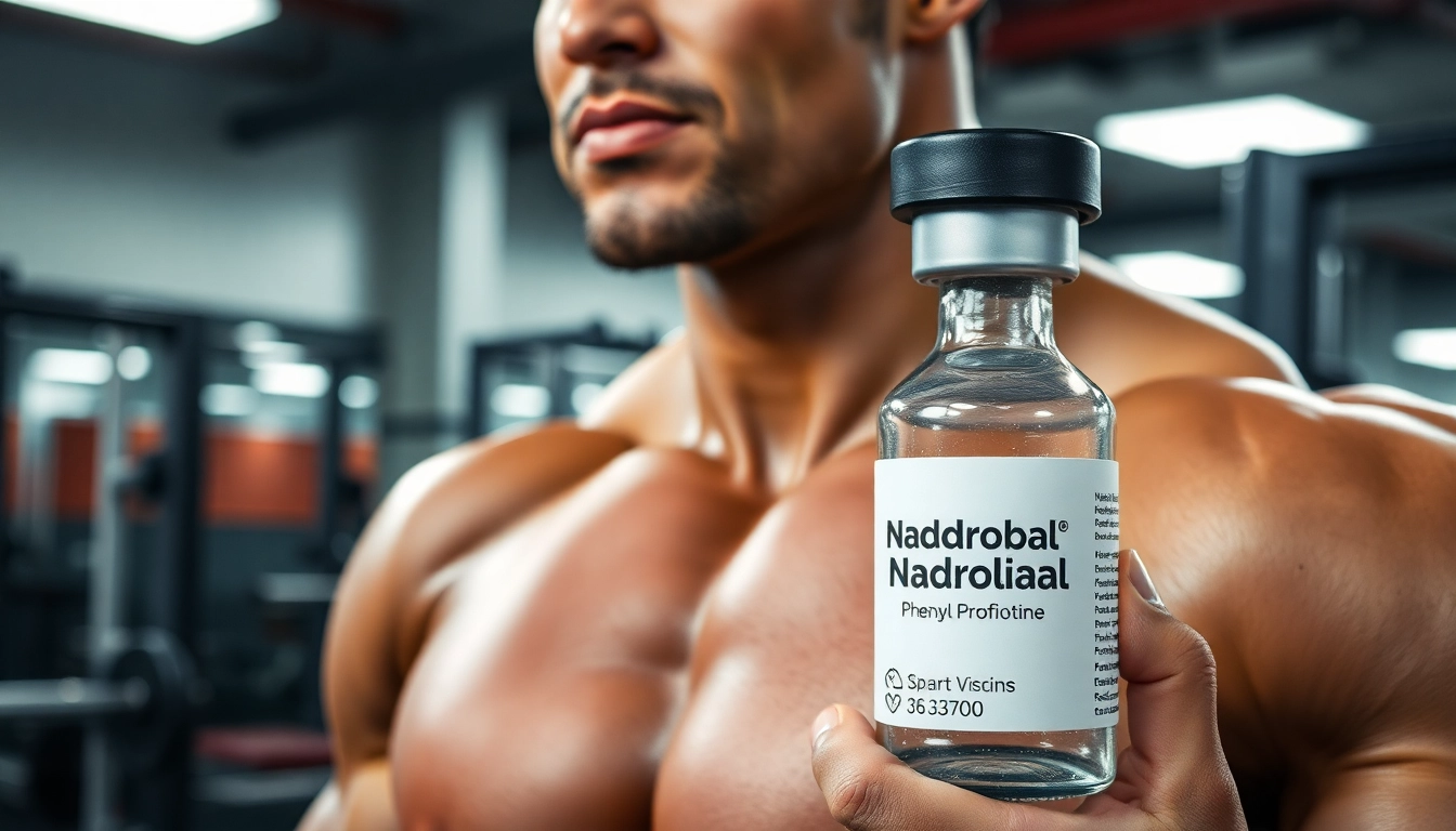 Nandrobal Nadrolone Phenyl Propionate vial next to a muscular bodybuilder in a gym.