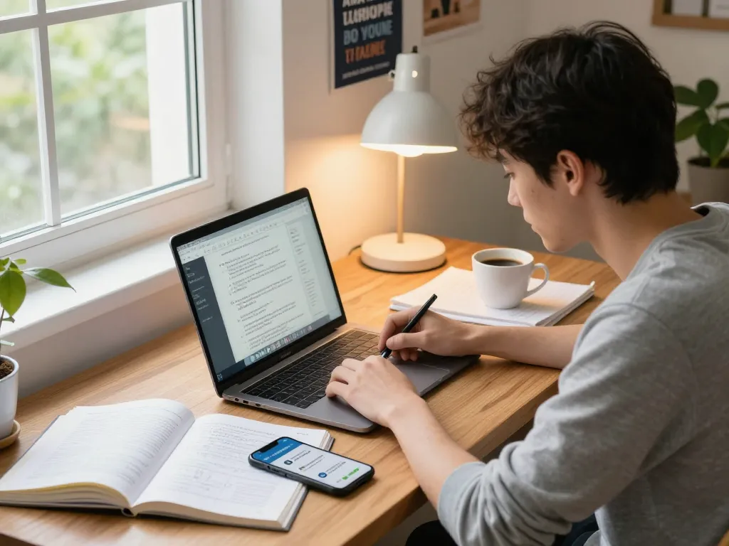 Student, der eine Hausaufgaben Löser-App in einem gemütlichen Arbeitszimmer nutzt, fokussiert auf die Hausaufgaben.