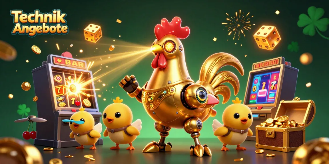 Technik Angebote mit einem goldenen Roboter-Hahn und dynamischen Casinospiel-Elementen illustriert.