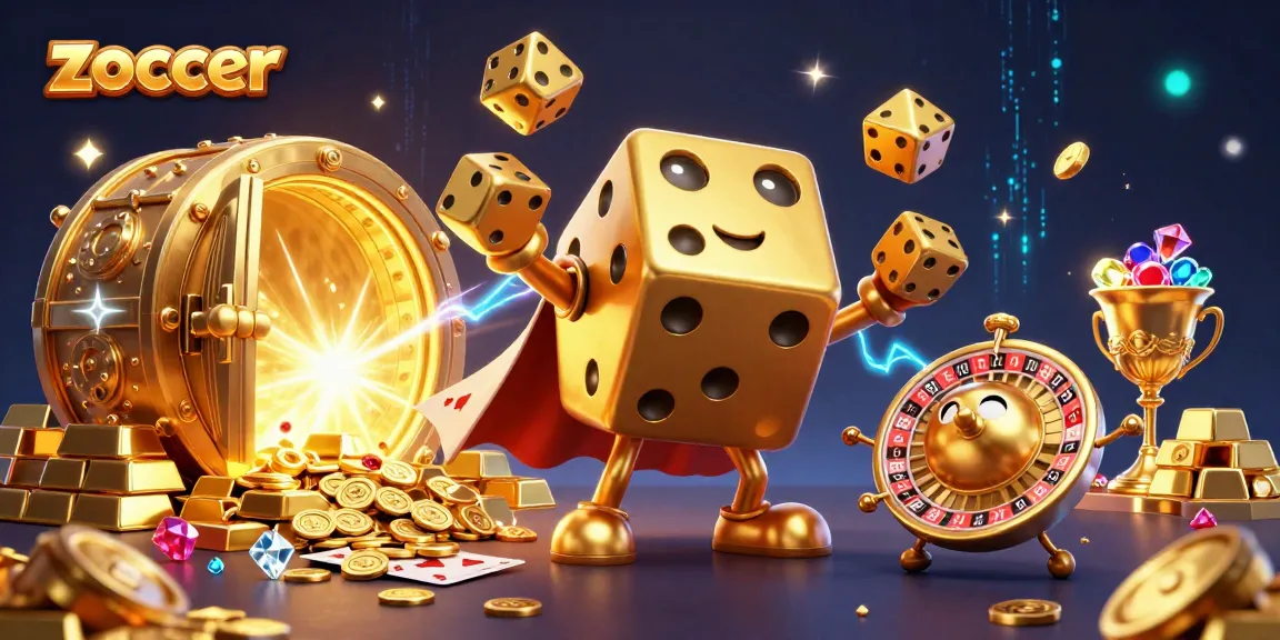 Zoccer showcases a vibrant casino atmosphere with a golden dice golem and dazzling treasures, enticing players to engage.