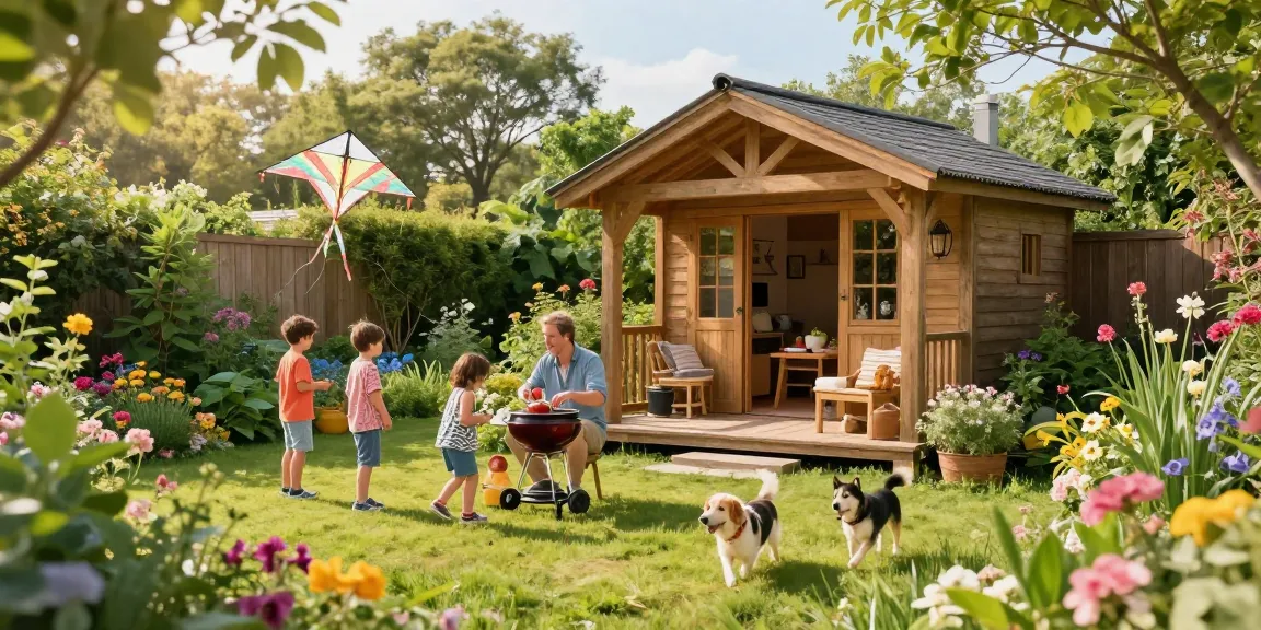 Gartenhäuser aus Holz umgeben von Blumen und spielenden Kindern im Garten