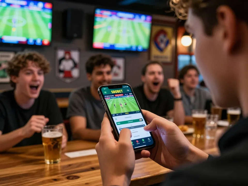 Pengguna SBOBET memasang taruhan di smartphone selama acara olahraga langsung yang mendebarkan.