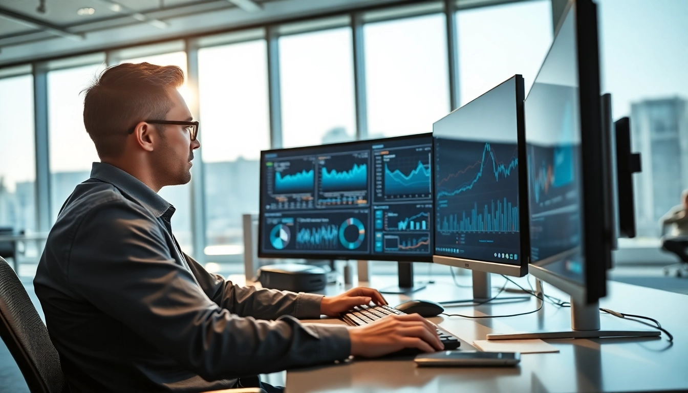 Evodrop Beobachter analysiert Daten in einem modernen, hellen Büro mit mehreren Bildschirmen.
