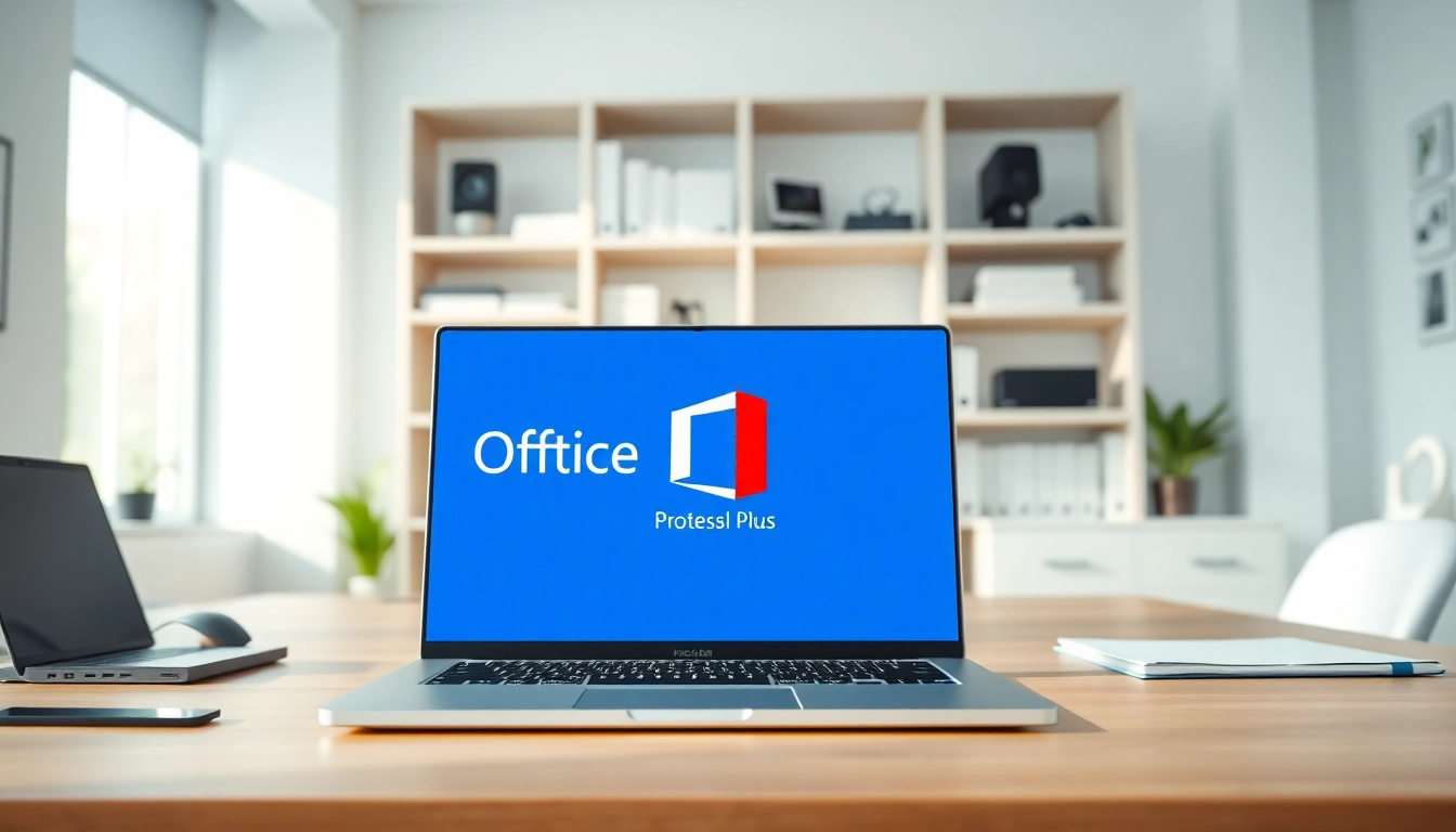 Office 2024 Professional Plus kaufen zeigt eine moderne Arbeitsplatzumgebung mit Laptop und Software.