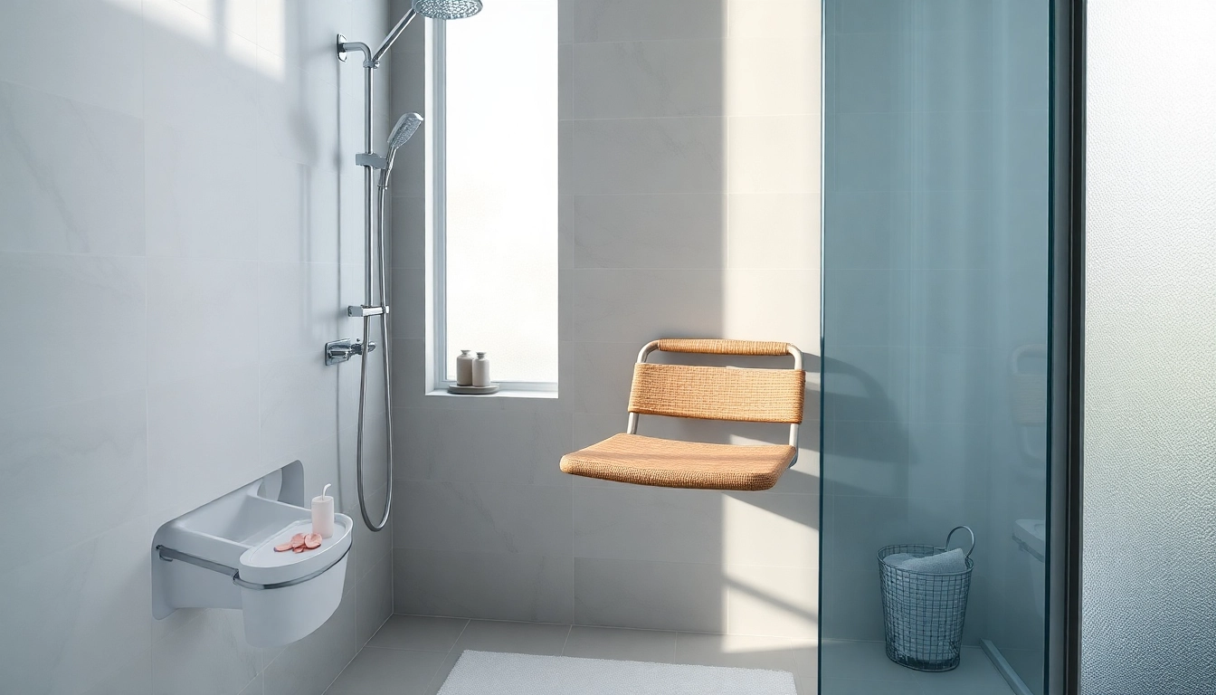 Klappbarer Duschsitz in einer modernen Dusche, die Sicherheits- und Komfortmerkmale zeigt.