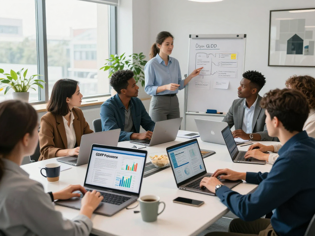 Wissen / Blog-Hub über Datenschutz im modernen Büro mit Teamarbeit und Datenanalytik.