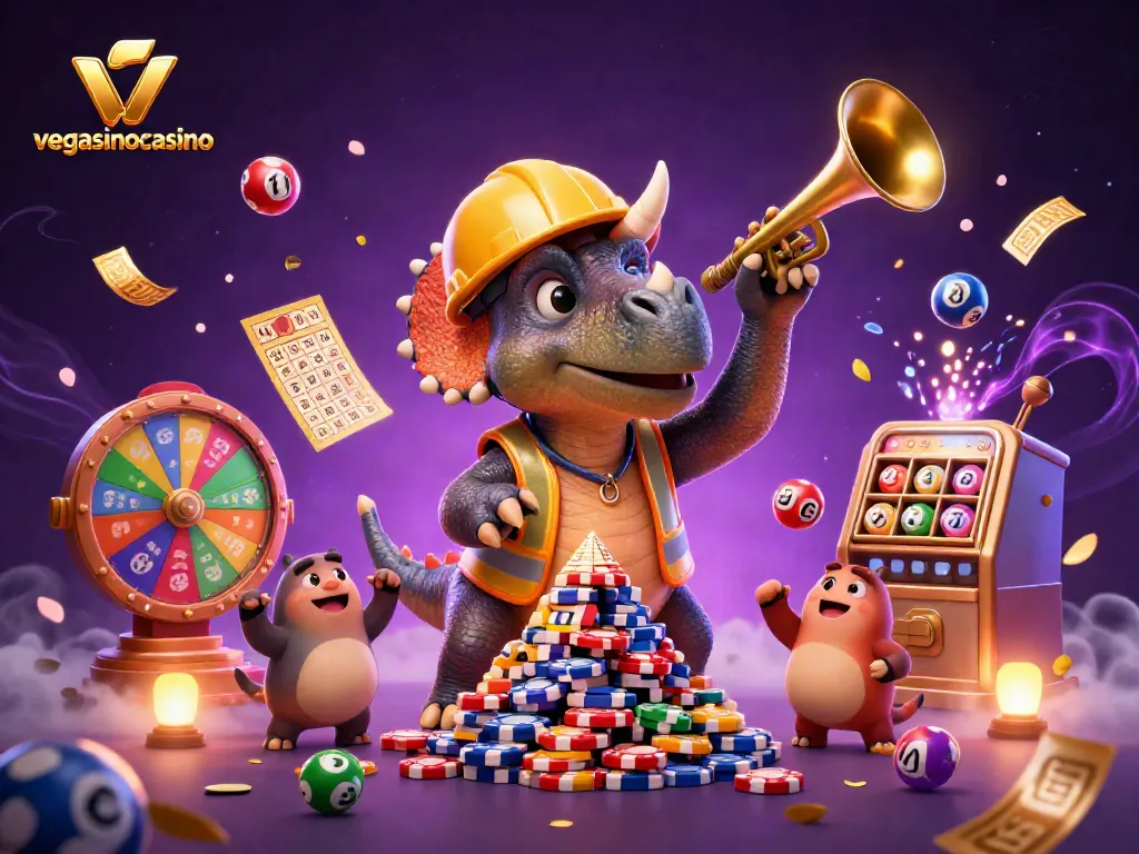 Engage with the exciting world of vegasinocasino as a triceratops builds poker chip towers amidst a festive celebration.
