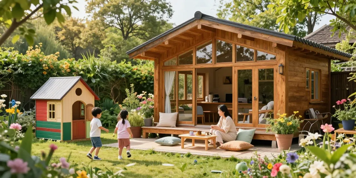Holz Gartenhaus umgeben von blühenden Pflanzen und einer spielenden Familie im Garten.