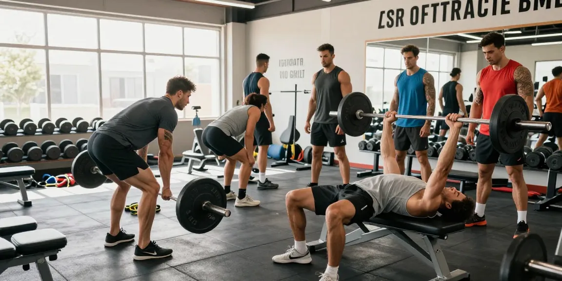 Anabolika Shop für Muskelaufbau mit Bodybuildern im Fitnessstudio, die intensiv trainieren.