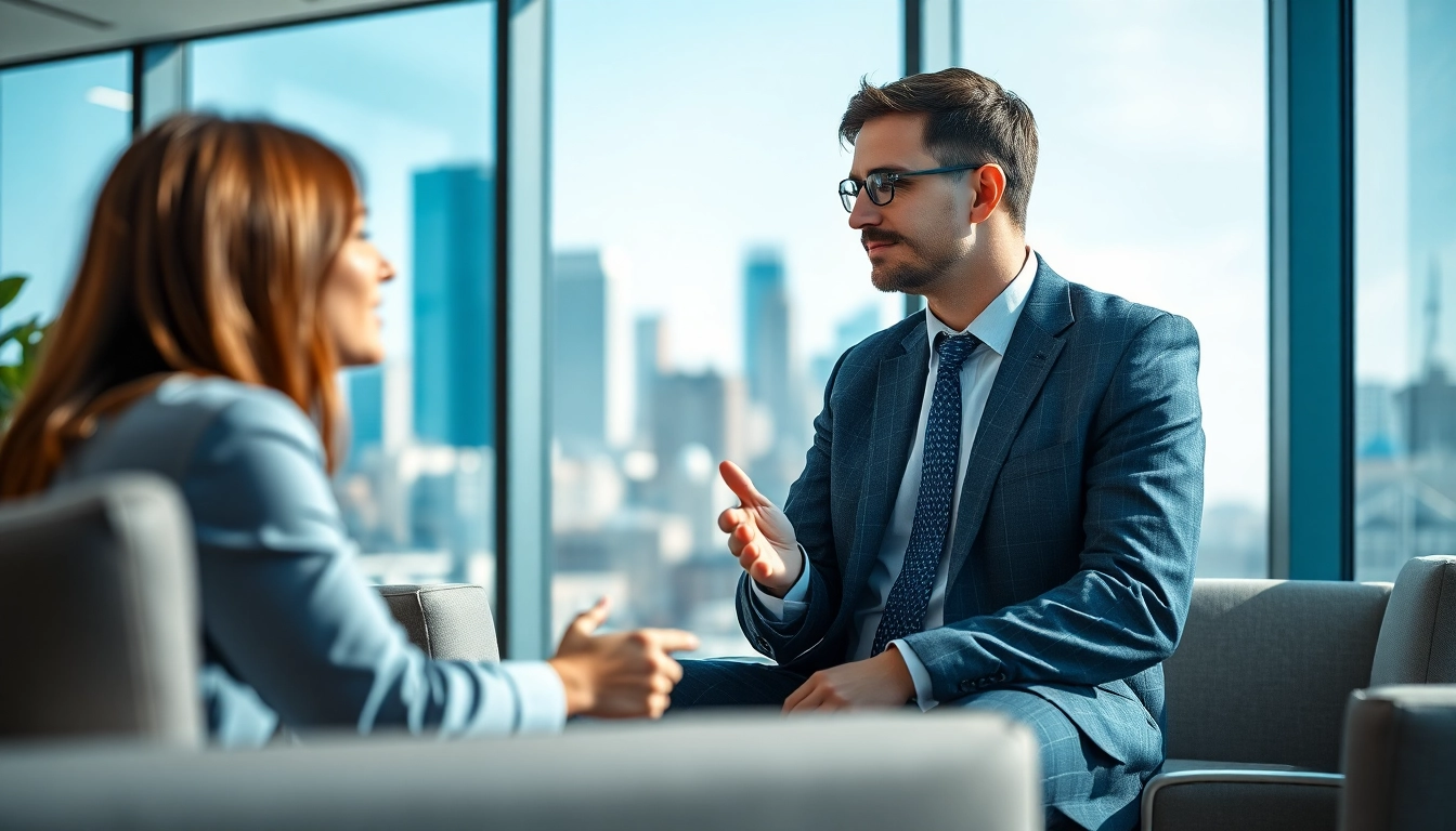 Headhunter IT berät Kunden in einem modernen Büro mit Stadtblick.