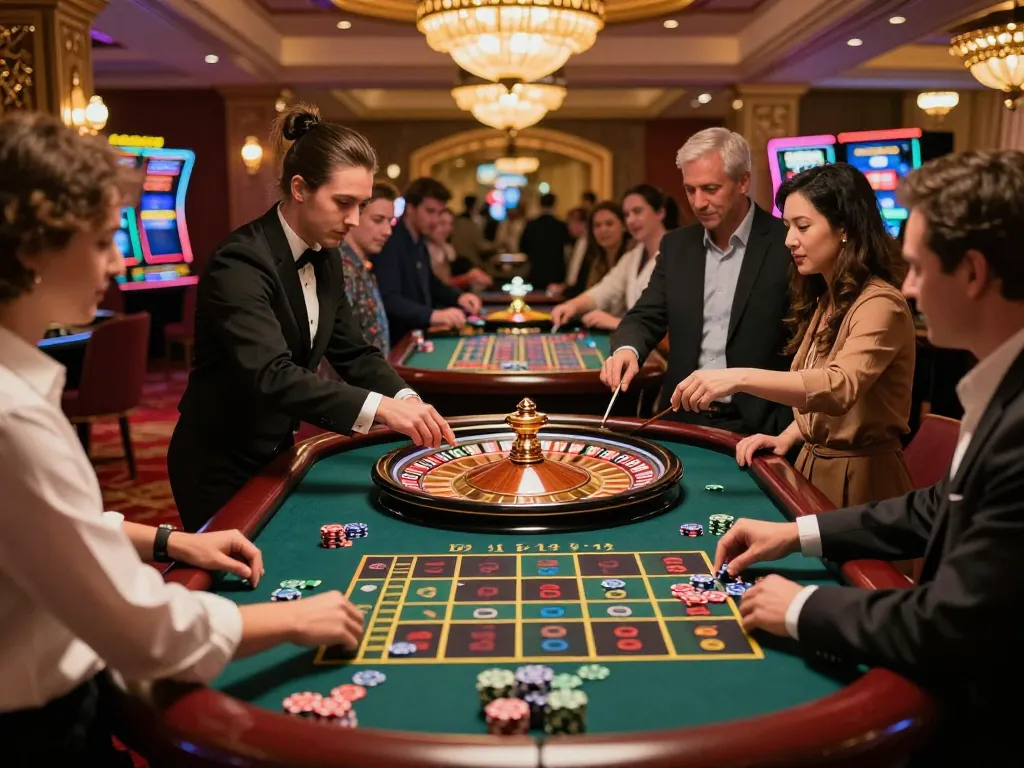 Experience the excitement of FC88 at a vibrant casino roulette table with players engaging in thrilling bets.