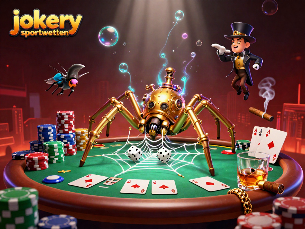 Bet on jokery sportwetten while a steampunk spider weaves golden chains and dice in a vibrant casino