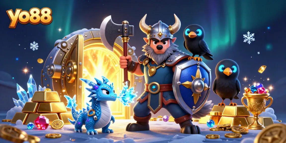 Join the action at yo88 with an ultra-detailed 3D scene featuring a Viking wolf warrior and treasures.