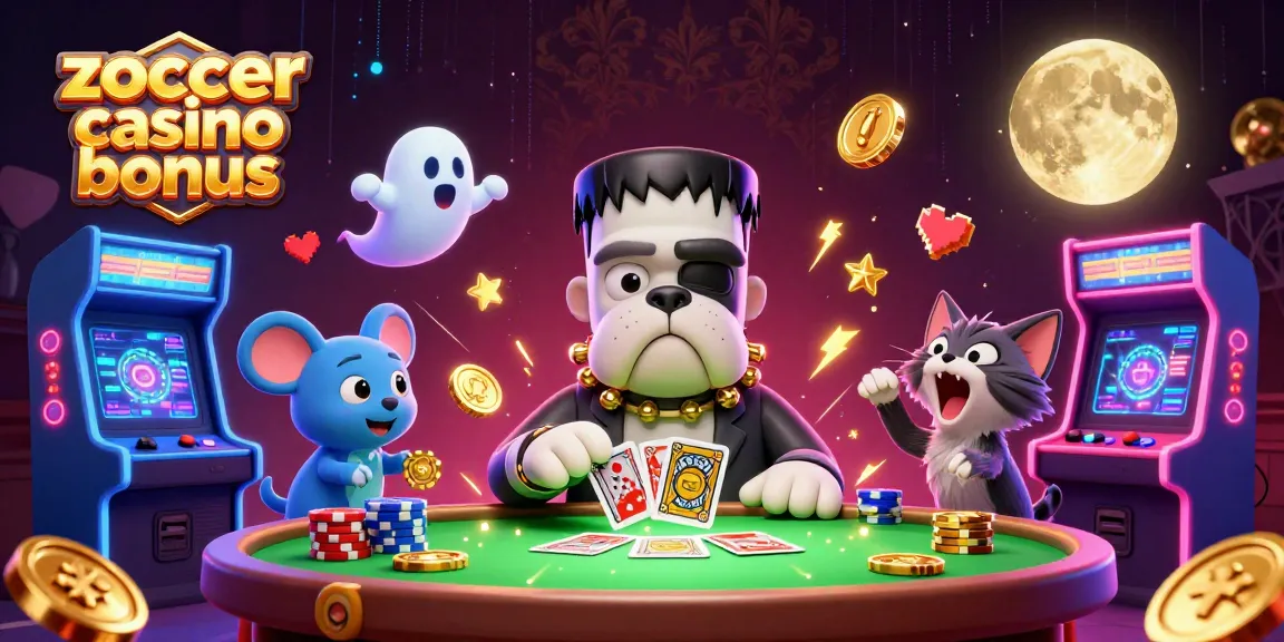 Engage with the vibrant zoccer casino bonus scene featuring unique cartoon characters in a spooky casino setting.