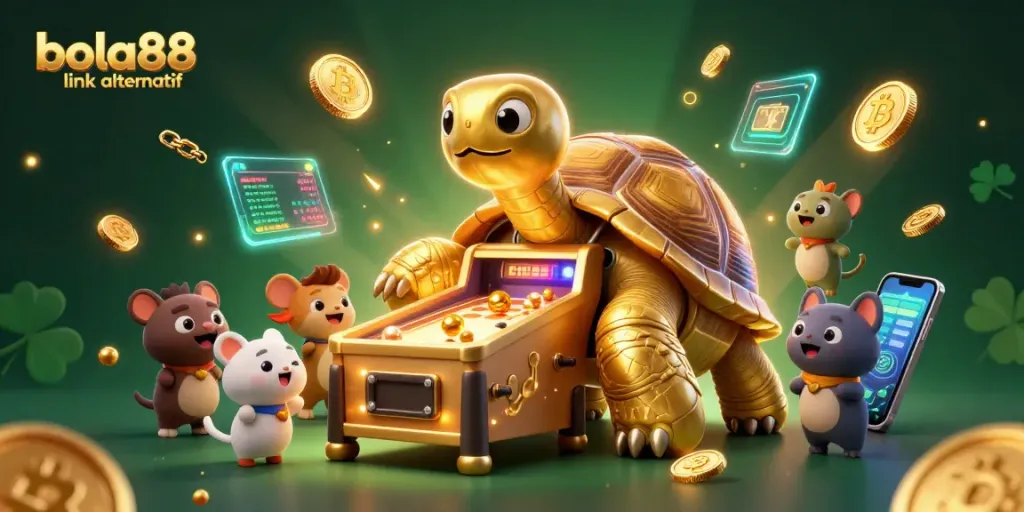 Bets with bola88 link alternatif at an exciting 3D casino scene showcasing vibrant characters and crypto elements.