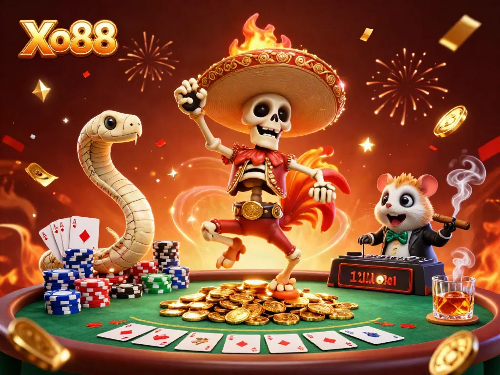 Xo88 captures the thrill of online gambling with a festive mariachi rooster and casino elements.