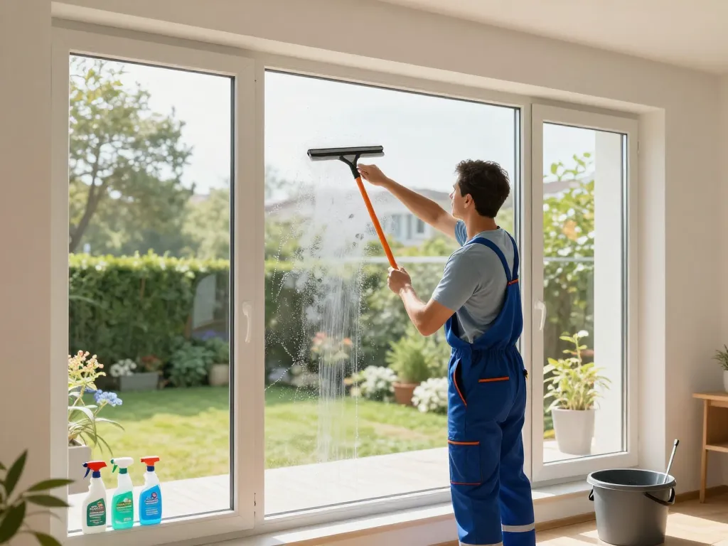 Professioneller Fensterputzer in deiner Region reinigt Fenster und sorgt für einen strahlenden Ausblick nach draußen mit umweltfreundlichen Methoden.