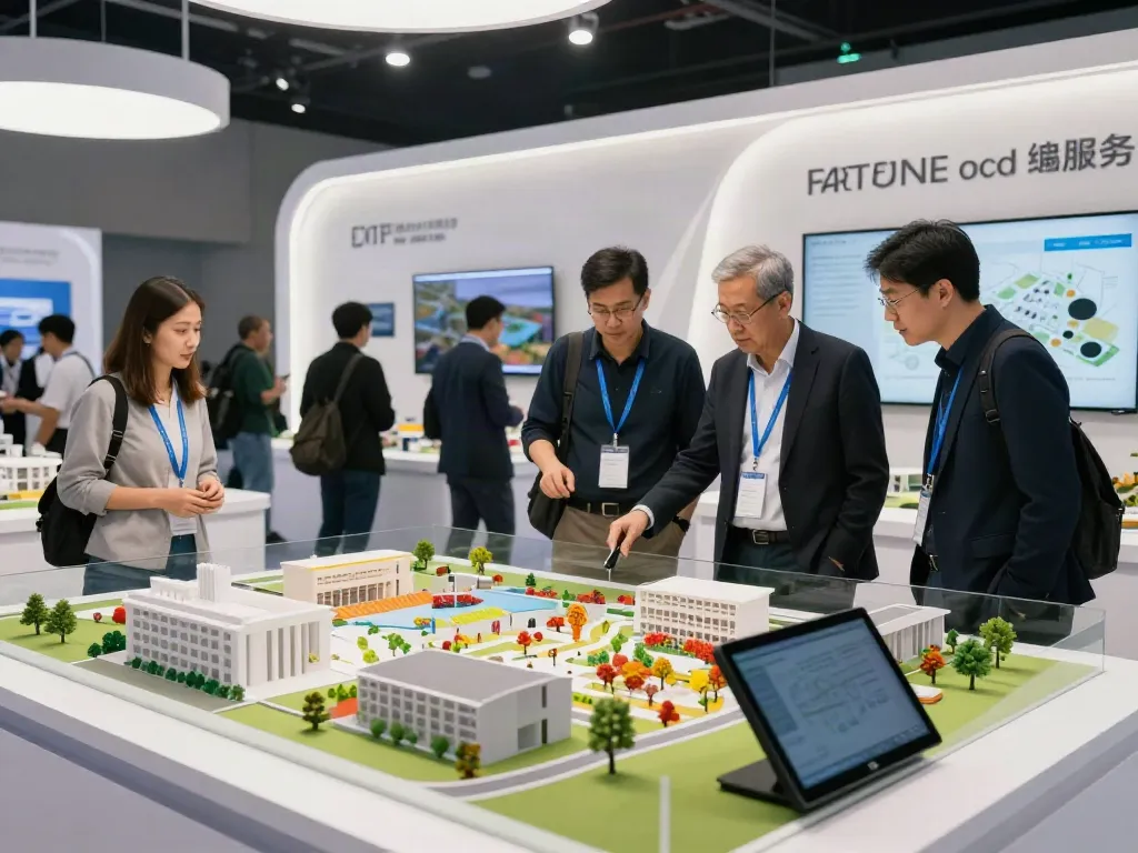 Modelle für Messen und Ausstellungen in einem modernen Messestand mit engagierten Besuchern und Experten.