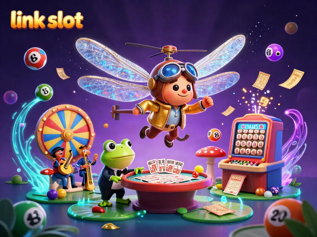 Experience the thrill of link slot at a vibrant lily pad casino with dynamic characters and game elements.