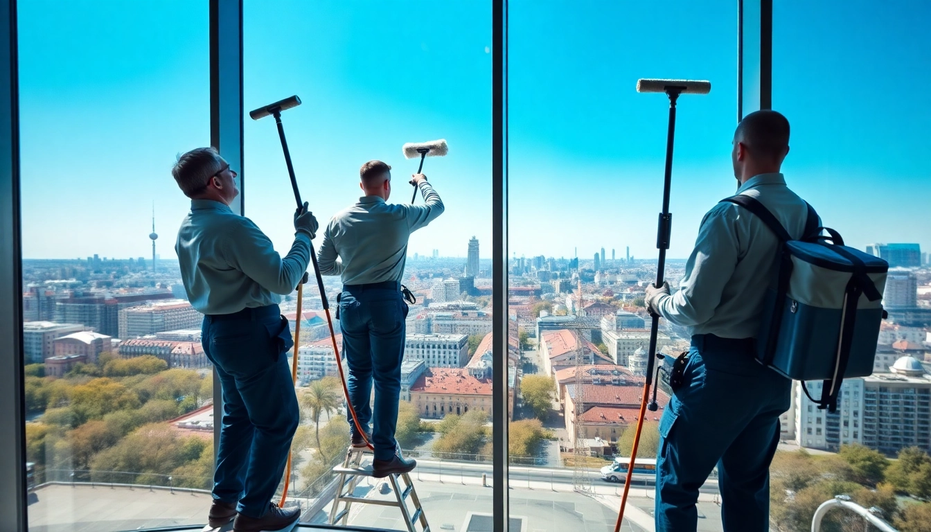 Fensterreinigung Berlin durch professionelle Techniker mit glänzenden Fenstern im modernen Bürogebäude.