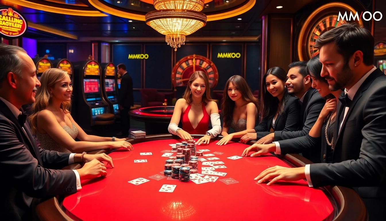 Players enjoy a thrilling game at MMOO's luxurious casino, surrounded by vibrant slot machines and poker tables.