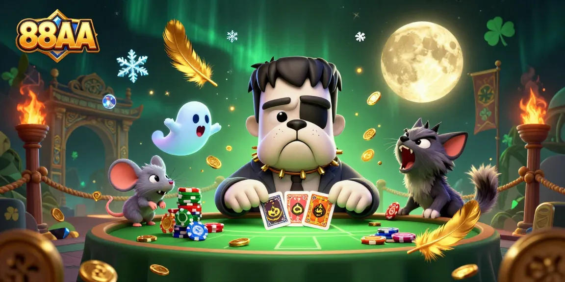 Engage with 88AA's thrilling casino scene featuring a playful Frankenstein bulldog and ghost mouse.