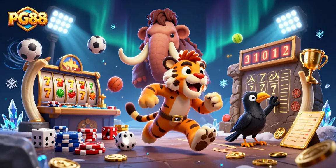 Engage with PG88, a vibrant casino world featuring lively caveman characters, slot machines, and dynamic sports betting action.