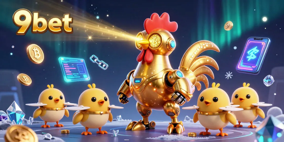 Engage with 9bet through an exciting 3D animated illustration of a golden rooster robot and baby chick drones.