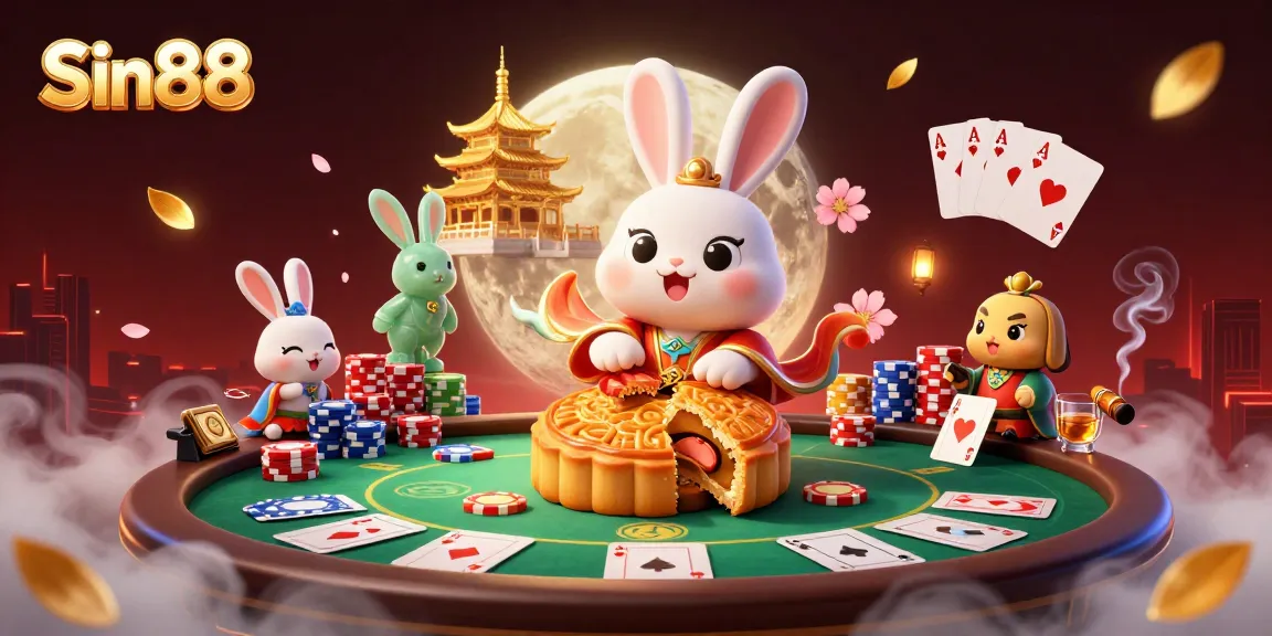 Sin88 moon rabbit symbolizes luck in a vibrant casino scene with poker and mooncakes.