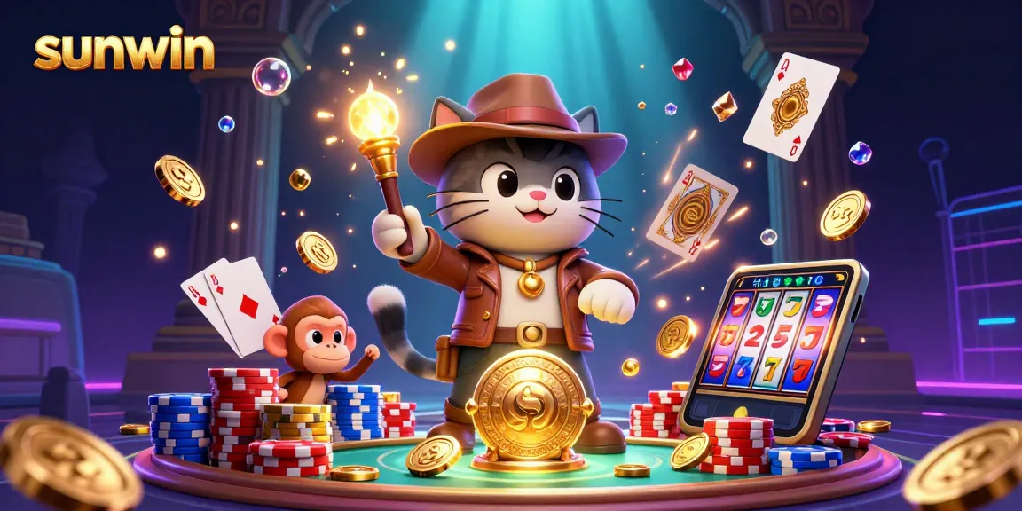 Experience the thrill of casino adventures with sunwin's vibrant 3D illustration featuring an explorer cat and treasures.